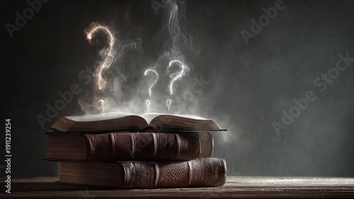 Mysterious stack of books with glowing question marks and smoke