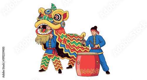 A man in blue performs with a colorful lion dance costume and drum on a white background.
