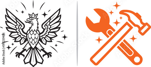 Detailed black line art of a crowned heraldic eagle with spreading wings and a vibrant orange icon of crossed wrench and hammer tools, both accented by sparkling stars.