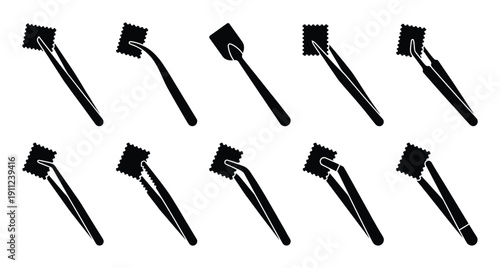 Set of tweezers for working with stamps and small objects used by collectors and jewelers