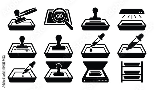 Set of stamp imprints showing tools used in office and production facilities for identification