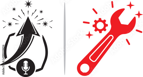 A versatile collection of vector icons blending intellectual and audio themes, featuring brains inside lightbulbs alongside microphones, sound waves, and tools for audio optimization and repair.