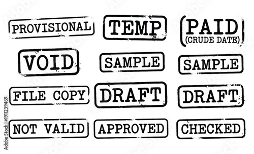 Set of twelve various rectangular vintage style stamp impressions with words for business documents