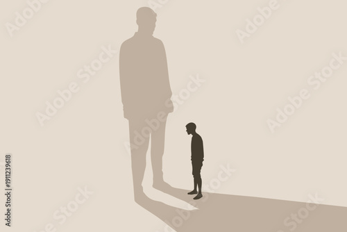 Boy standing in father's overwhelming shadow, fear of authority, parental trauma silhouette vector