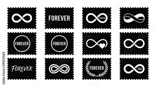 Various forever infinity black stamp icons with jagged frame isolated on transparent background