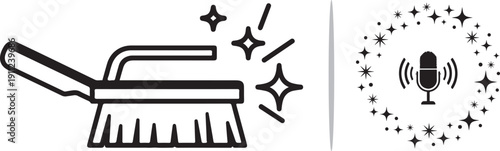 Clean black line art vector icons featuring a professional scrubbing brush and a microphone centered within a circular frame of sparkling stars, symbolizing audio cleaning and vocal clarity.