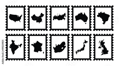 Vintage postage stamps with country map theme from United States China Russia Australia Brazil