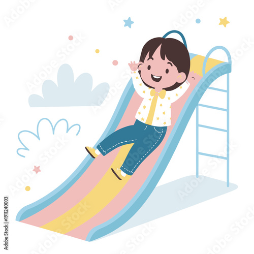Happy little girl enjoying a playful slide down a colorful playground structure, embodying childhood joy and outdoor activity in a charming flat vector illustration