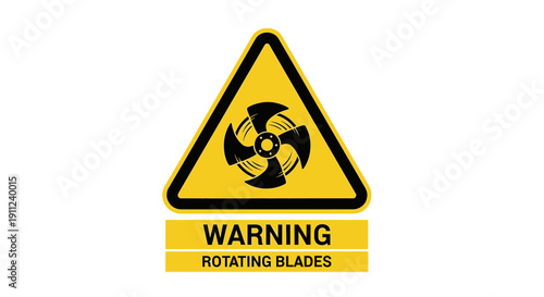 Yellow warning sign with rotating blades symbol and text, indicating danger from rotating machinery, isolated white background.