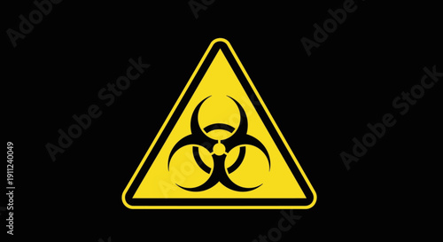 Yellow warning sign with biohazard symbol, indicating biological hazard risk on black background.