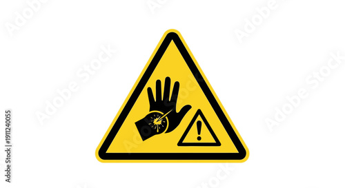 Yellow warning sign with hand exposed to glowing hazard, indicating potential radiation or laser danger, isolated white background.