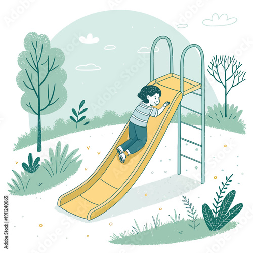 A child enjoys a fun ride down a yellow slide in a park on a bright day