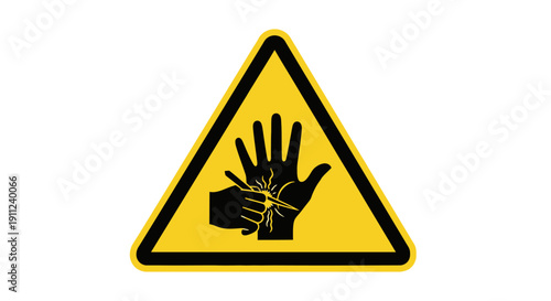 Yellow warning sign with hand being shocked by electricity, indicating electric shock hazard, isolated white background.