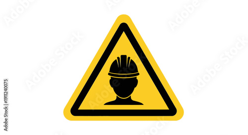 A yellow triangular warning sign with a black border depicting a silhouette of a person wearing a hard hat.