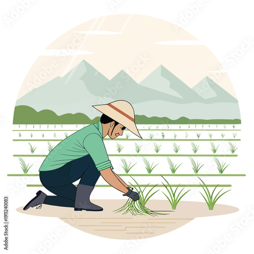 Farmer tending to rice paddy fields with mountains in the background, depicting agricultural work and cultivation