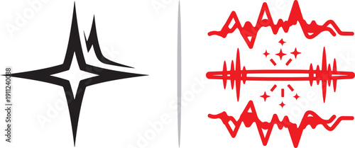 Dynamic vector graphics featuring a sharp four-pointed star in black and a rhythmic, glowing sound wave frequency in vibrant red, symbolizing audio energy and precision.