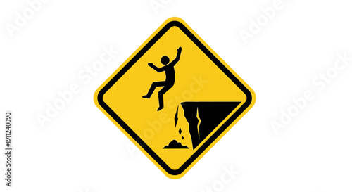 Yellow diamond warning sign showing person falling off cliff, indicating danger of falling or steep drop, isolated white background.