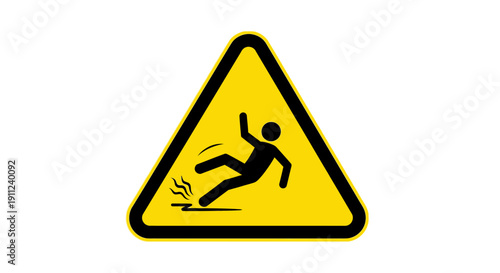 Yellow warning sign with person slipping on wet floor, indicating slippery surface hazard, isolated white background.