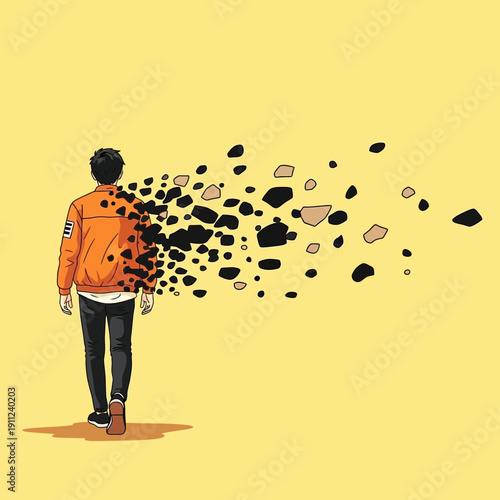A solitary figure walks away as their form disintegrates into a trail of shattered fragments, symbolizing the burden of stress and the gradual erosion of self and identity