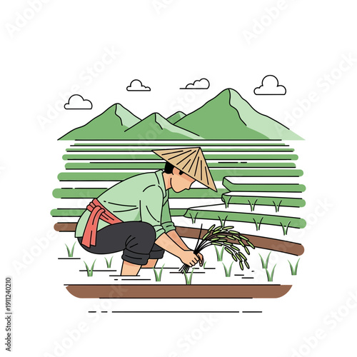 Farmer diligently planting rice in lush green paddy fields with mountains in the background, symbolizing agriculture and traditional farming practices