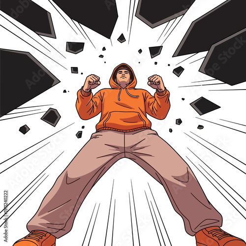 Dynamic low-angle illustration of a young man in an orange hoodie standing with his fists clenched, surrounded by exploding debris and radial lines suggesting impact or intense energy