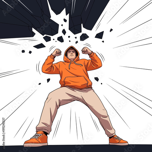 Mighty person in orange hoodie flexing muscles and powerfully crushing rocks with intense determination and energy, radiating strength and resilience against adversity