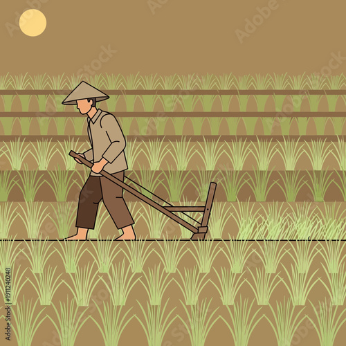 A solitary farmer in traditional Asian attire meticulously plows a lush green rice paddy field, embodying the timeless dedication to agriculture and the essence of rural cultivation