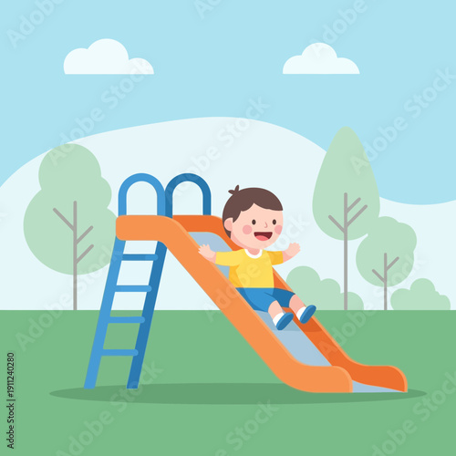 Joyful little boy playing outdoors, happily sliding down an orange playground slide in a lush green park under a bright blue sky, enjoying childhood fun and recreation