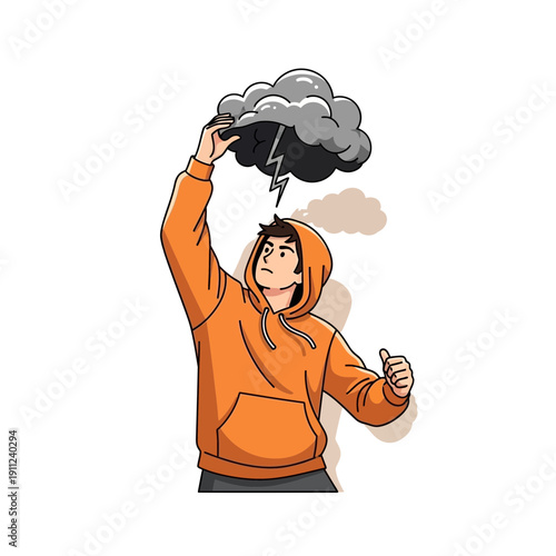 A person holding a dark storm cloud above their head, illustrating the weight of stress, anxiety, and mental burden, a powerful metaphor for emotional struggles
