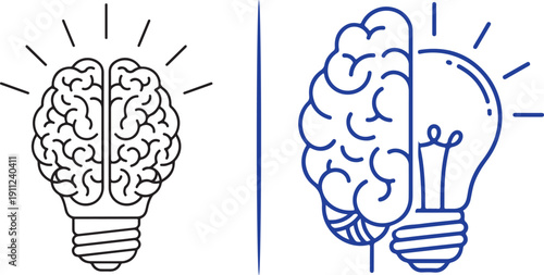 Clean line art vector featuring a brain and lightbulb hybrid, showcasing both a combined bulb-brain icon and a split-design concept in black and blue outlines.