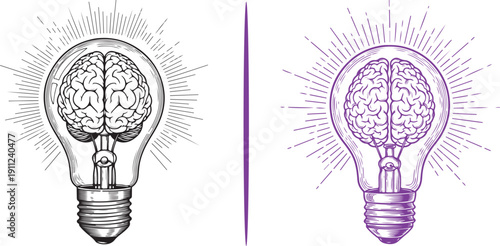 Detailed hand-drawn vector of a brain glowing inside a lightbulb, symbolizing a "eureka" moment or creative genius, presented in both black ink and purple line art styles.