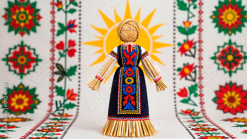 straw doll, in Slavic traditions, in a dress decorated with intricate embroidery, against a background of traditional folk patterns