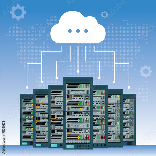 Data Center Storage and processing unit, large AI processing server room, data center storage and network processing room vector