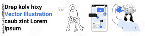 Cybersecurity, social media engagement, creativity, safeguarding data, personal growth, innovation. Keys security. Smartphone s social interaction. Cybersecurity and social media focus