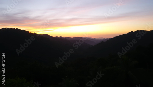 Peaceful twilight above jungle hills