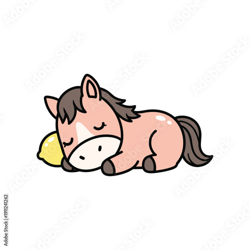 Cute cartoon foal sleeping peacefully on side with banana pillow illustration