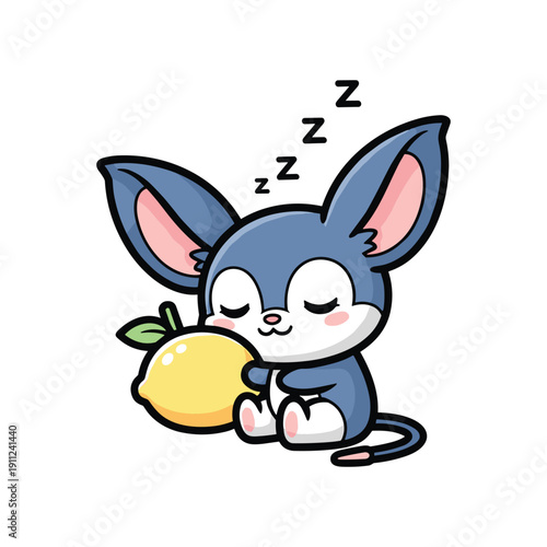 Cute cartoon blue bunny sleeping with lemon peaceful restful nap illustration vector