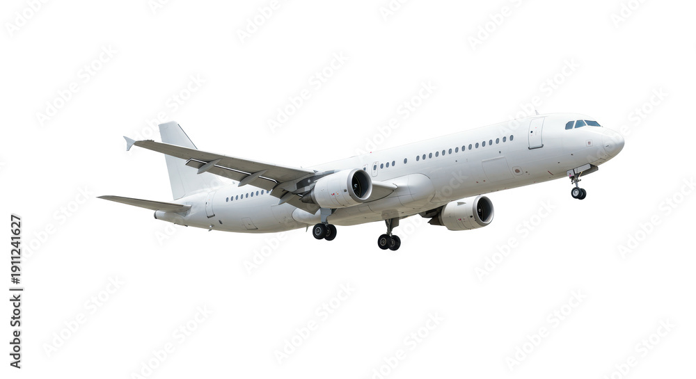 Obraz premium Modern unbranded commercial jetliner in mid-flight isolated on a transparent background with soft shadows, side profile view, concept of global air travel