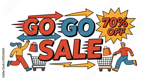 Go Go Sale 70% Off with Shoppers Carrying Shopping Bags and Carts