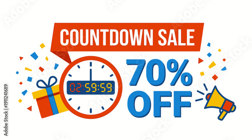 Countdown Sale 70% Off Discount Event with Gift and Confetti