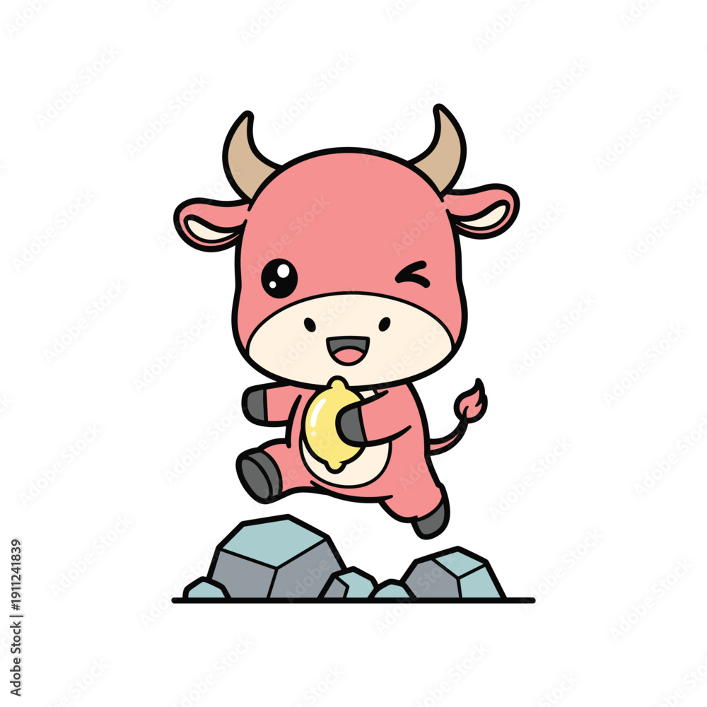 Obraz premium Cute cartoon ox or cow character running happily on rocky ground in playful animation style