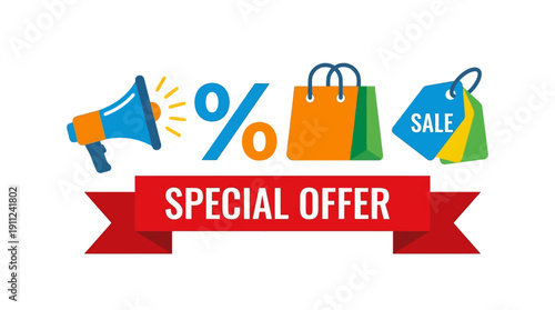 Special Offer Announcement with Shopping Bag, Sale Tag, and Megaphone Icons