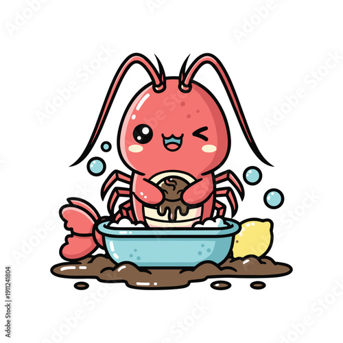Cute cartoon crab taking bubble bath in blue tub with soap and sponge, funny sea animal hygiene illustration