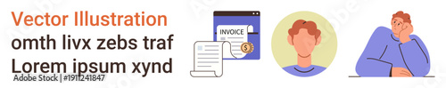 Invoice processing, financial management, personal identity, creative thought, business services, professional . Digital invoice page, profile photo person in reflective pose. Invoice processing