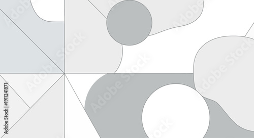 Geometric shapes in a modern abstract composition viewed from directly above with various gray tones