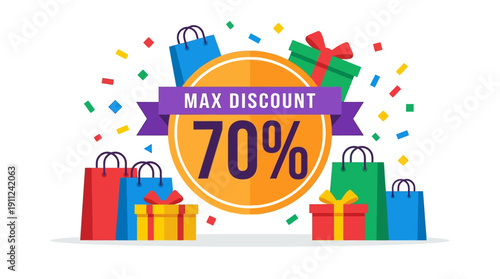 Maximum Discount 70% Off Sale Shopping Bags Gifts Confetti Celebration Event