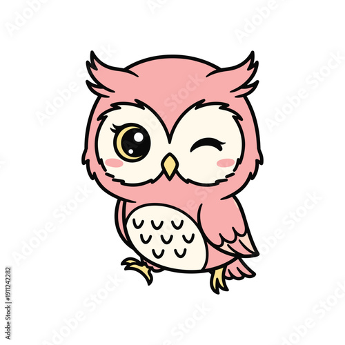 Cute pink cartoon owl character blinking eyes isolated on white background illustration