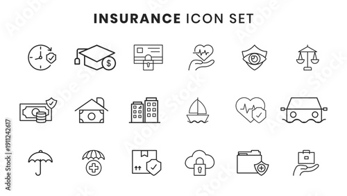 Insurance Line Icon Set – Protection, Health, Car, Home and Finance Outline Vector Icons
