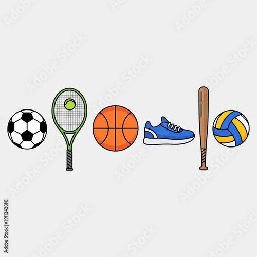 Assorted sports equipment including soccer ball, tennis racket, basketball, athletic shoe, and baseball bat arranged in a row
