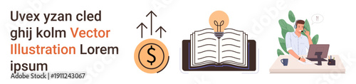 Business growth, financial planning, education, online learning, remote work, research. Open book, financial icon professional workspace. Business growth and financial planning concept